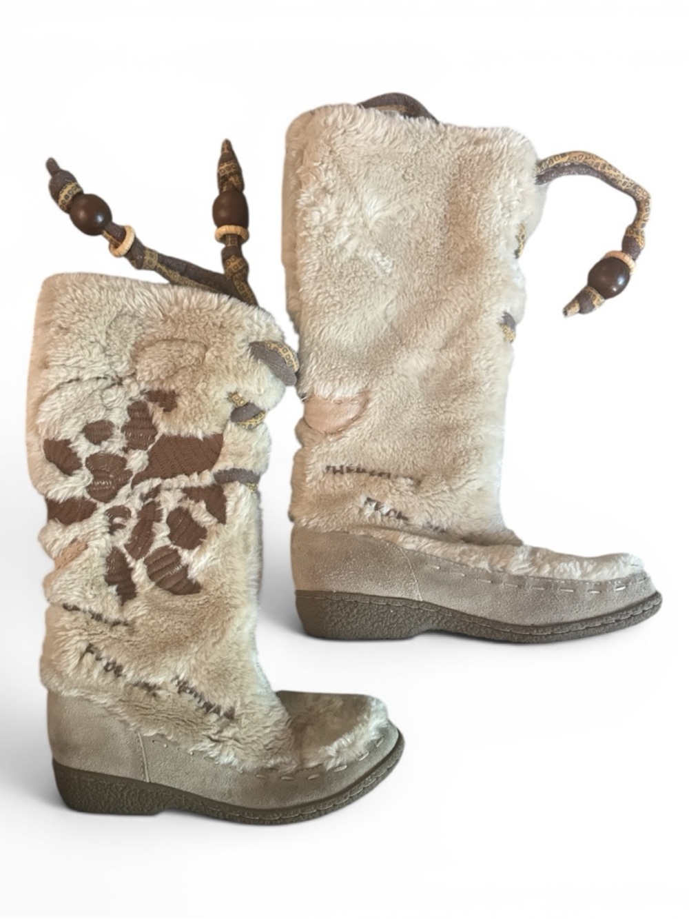 Sam Edelman Y2K Faux Fur Embroidered Flower Boho Mukluk Fluffy Boots Western 6